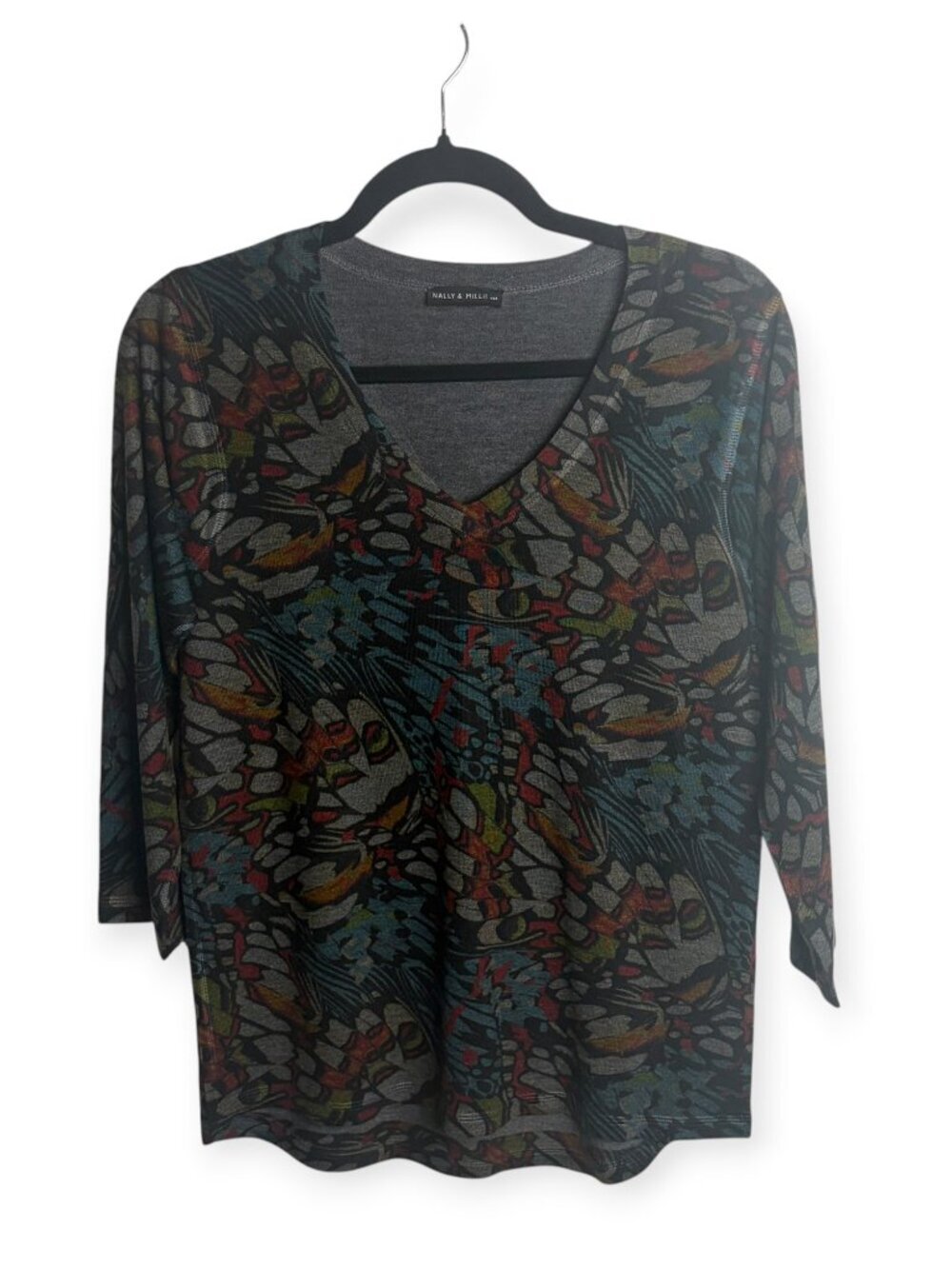 Nally & Millie Size Xs Knit Long Sleeve Blouse V Neck Top Grey Art Abstract Soft